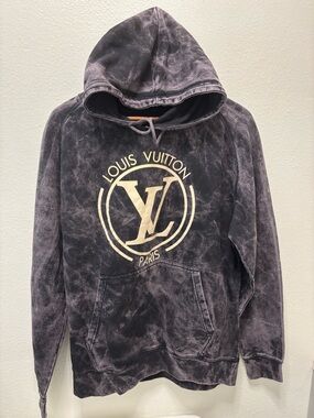 Louis Vuitton Men's Washed Black Hoodie with Cream Logo